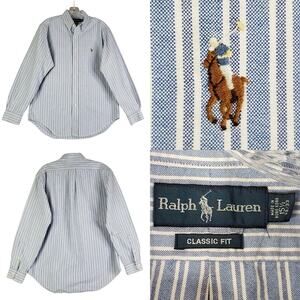 Polo Ralph Lauren Shirt Striped Oxford LS Button Down Blue Mens Medium M 15.5
